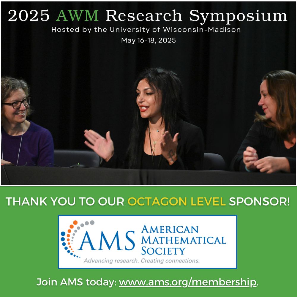 Top half: photo of three women on the dais speaking on a panel at a mathematics conference. Bottom half: logo of the American Mathematical Society and invitation to join AMS at www.ams.org/membership.