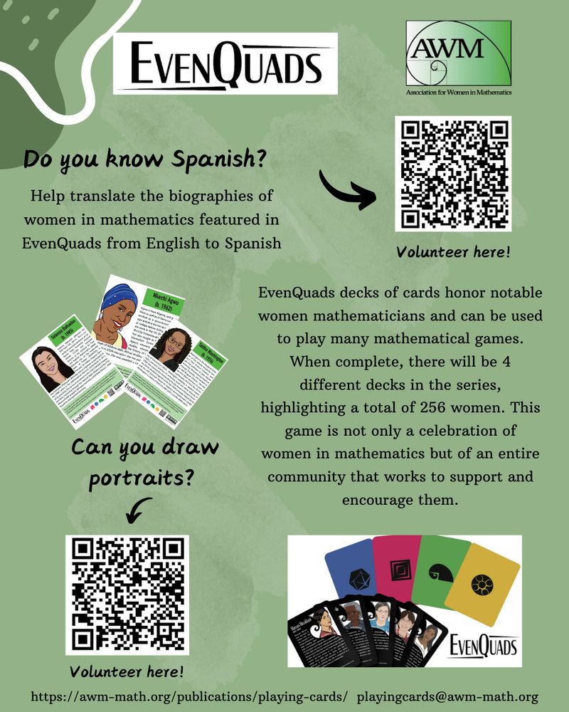Flyer asking for volunteers to draw portraits of the honorees, translators to help translate the bios into Spanish with QR codes and example picture of the EvenQuads material.
