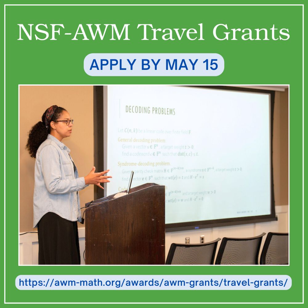 Photo of woman giving talk on decoding problems standing at a lectern in front of a presentation screen. Website to apply for NSF-AWM Travel Grant is https://awm-math.org/awards/awm-grants/travel-grants/.