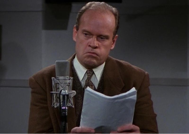 Frasier scowling as his radio play unravels around him
