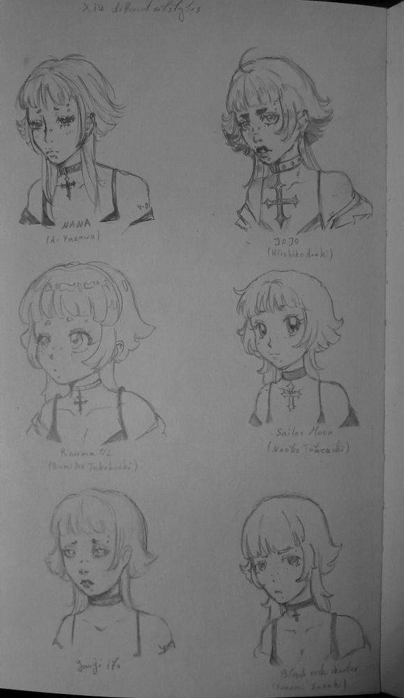 My oc Xiu in the artstyles of NANA, Jojo's Bizzare Adventures, Ranma 1/2, Sailor moon, junji Ito, Black Rock Shooter