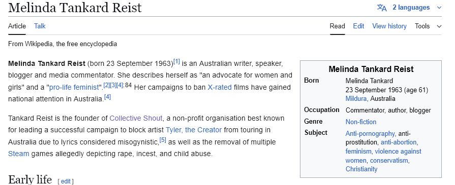 She describes herself as "an advocate for women and girls" and a "pro-life feminist" -Melinda Tankard Reist Wikipedia page