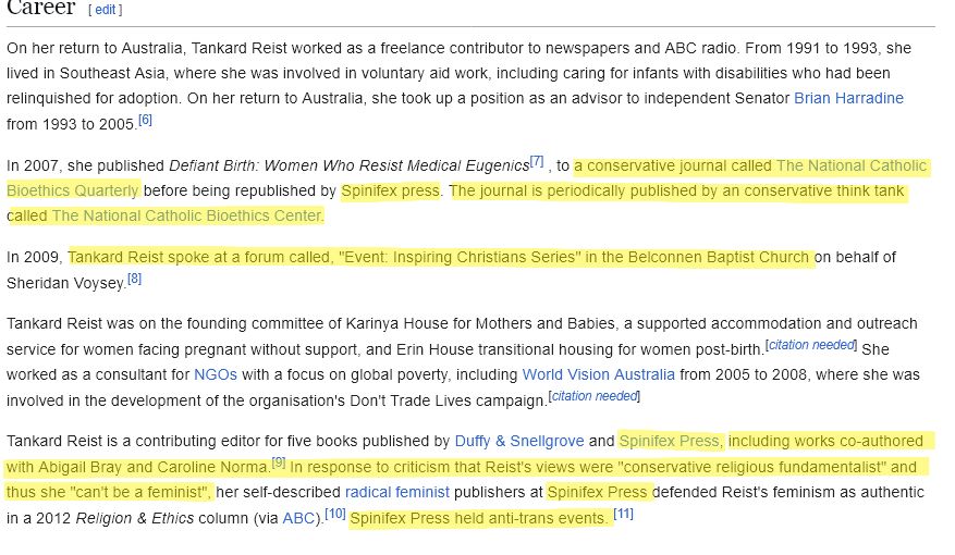 Career page. most of her work are with TERF groups and Christian organizations 