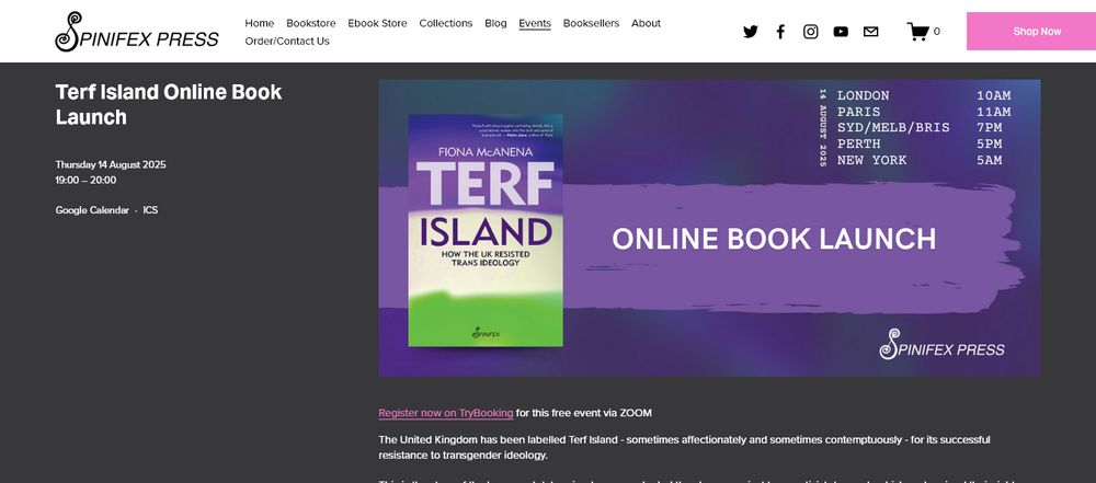 Spinifex Press post of "TERF Island: How the UK resisted the Trans Ideology" launch. an Anti-Trans book. 