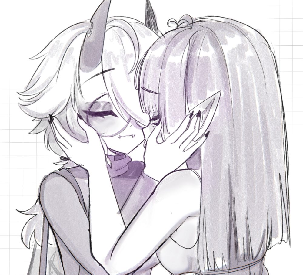 Two women pressing their foreheads together. Character on the left is inspired by mantis and the character of the right is inspired by a spider. 