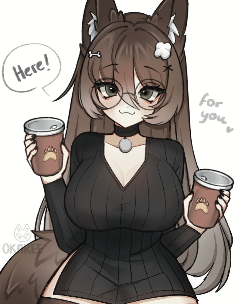 Brown haired wolf vtuber Okaree holding two cups of coffee and wearing a black sweater-dress.