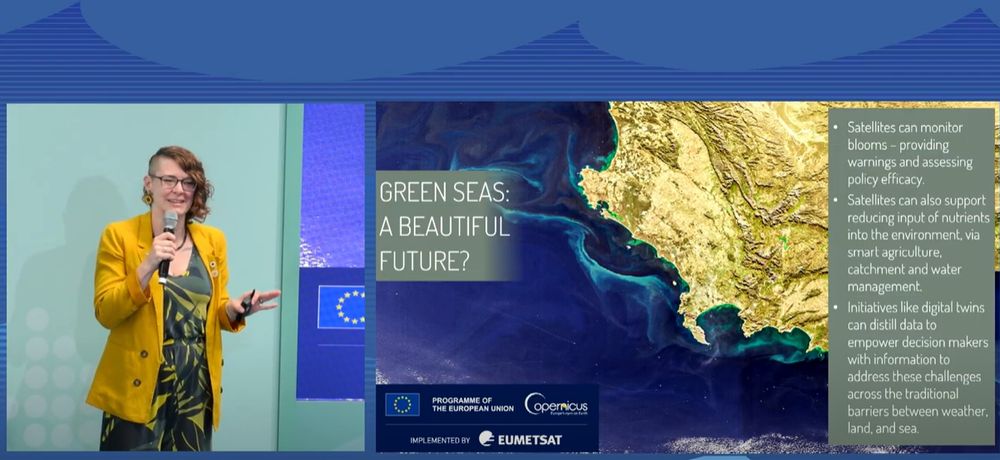  Hayley Evers-King presenting in front of a satellite image of a coastline