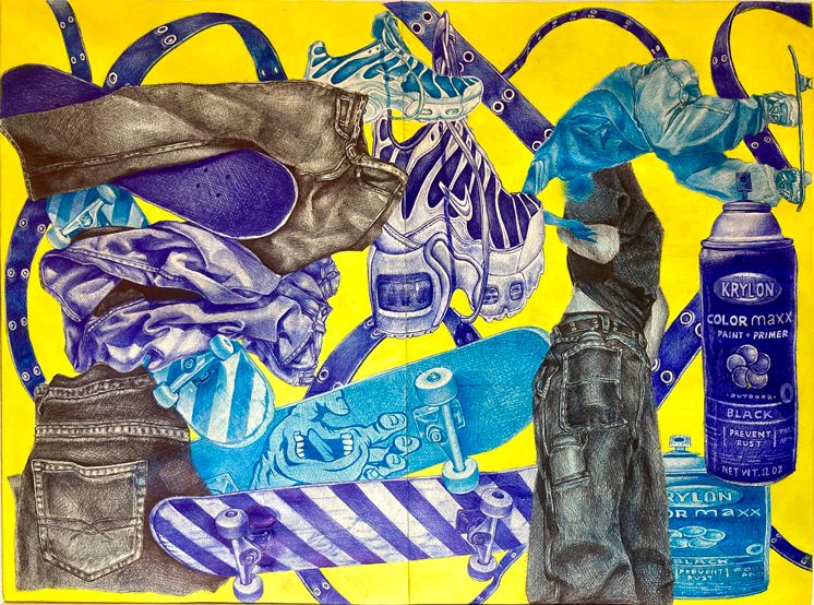 “Fashion and Function” by Marcel Rodriguez | AP Drawing

A detailed illustration of skateboards, sneakers, and street clothes rendered in blue, black, and white against a bright yellow background, showcasing street fashion and graffiti culture.