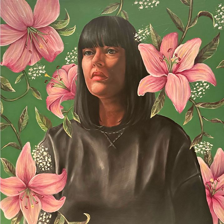 "Natural Beauty" by Kaylie Tennant | AP 2-D Art and Design

A painted portrait of a woman with dark hair and bangs, looking up and slightly to the left. She is wearing a dark, long-sleeved shirt with stitching near the collar. The background is a vibrant, deep green and is covered with large, bright pink lily flowers. The flowers frame her head and shoulders.