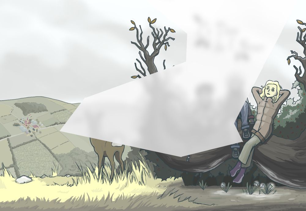 Sur la droite, un premier personnage se dévoile, un(e) adolescent(e) blond(e) qui porte une grosse doudoune. Ce personnage est le propriétaire des chaussettes déjà révélées et est assis sur un tronc d'arbre, devant un buisson de houx.