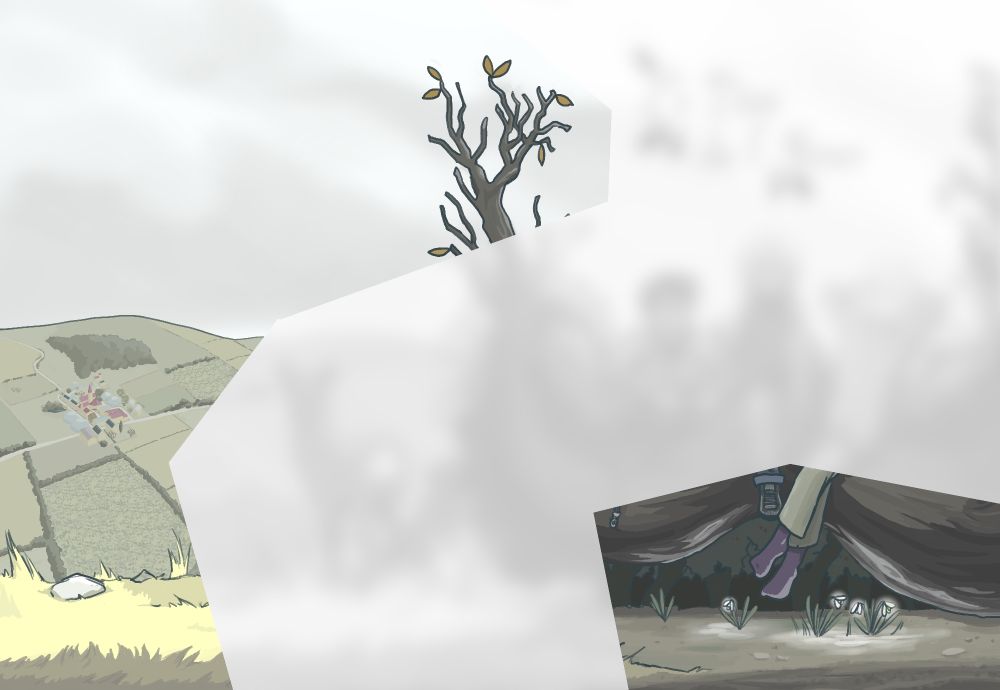 On délaisse le paysage champêtre à gauche de l'image pour révéler le coin en bas à droite. Sur un sol terreux, quelques perce-neige luisent. Au-dessus, on reconnaît les pieds d'un personnage portant des chaussettes.