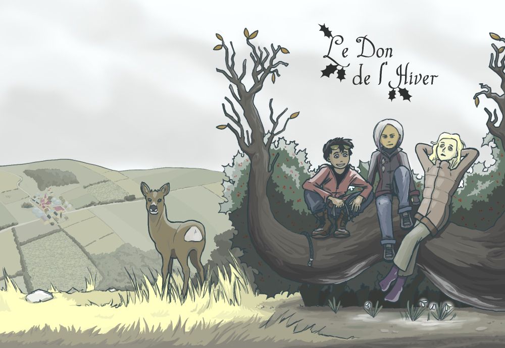 L'image est maintenant entièrement révélée, on découvre les deux derniers personnages de la nouvelle : à gauche, un garçon souriant vêtu d'un imperméable rouge tenant un harnais à la main, avec une laisse à ses pieds. Au centre, une fille a l'air sérieux, voire agacé. Ses cheveux sont gris avec quelques mèches violettes.