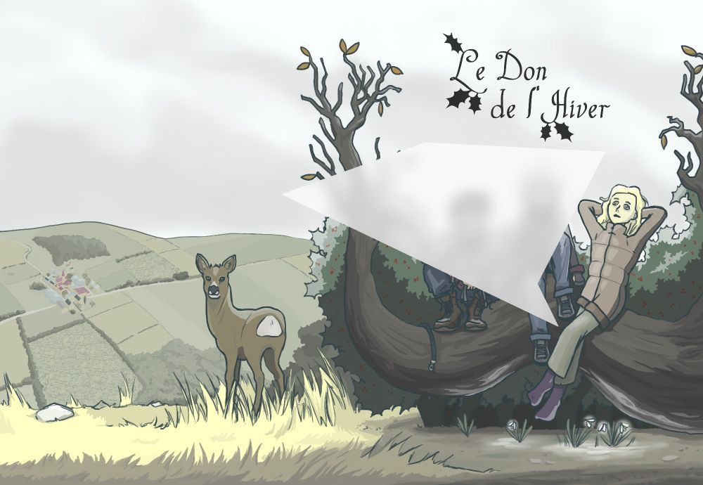 On voit désormais bien la forme du tronc d'arbre sur lequel les personnages sont assis. À côté, sur la but herbeuse, les pattes qu'on devinait appartenaient à un petit chevreuil. Il ne reste plus qu'à découvrir le centre de la première de couverture, probablement des personnages.