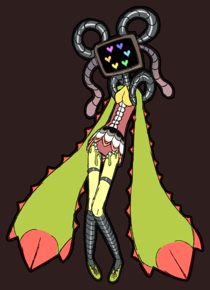 A weird, half-robot half-plant girl based on the appearance of Omega/Photoshop Flowey from Undertale
