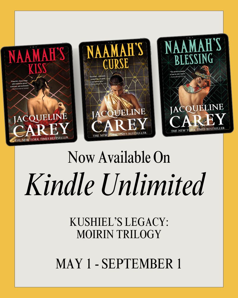 Graphic featuring covers of fantasy novels Naamah's Kiss, Naamah's Curse and Naamah's Blessing