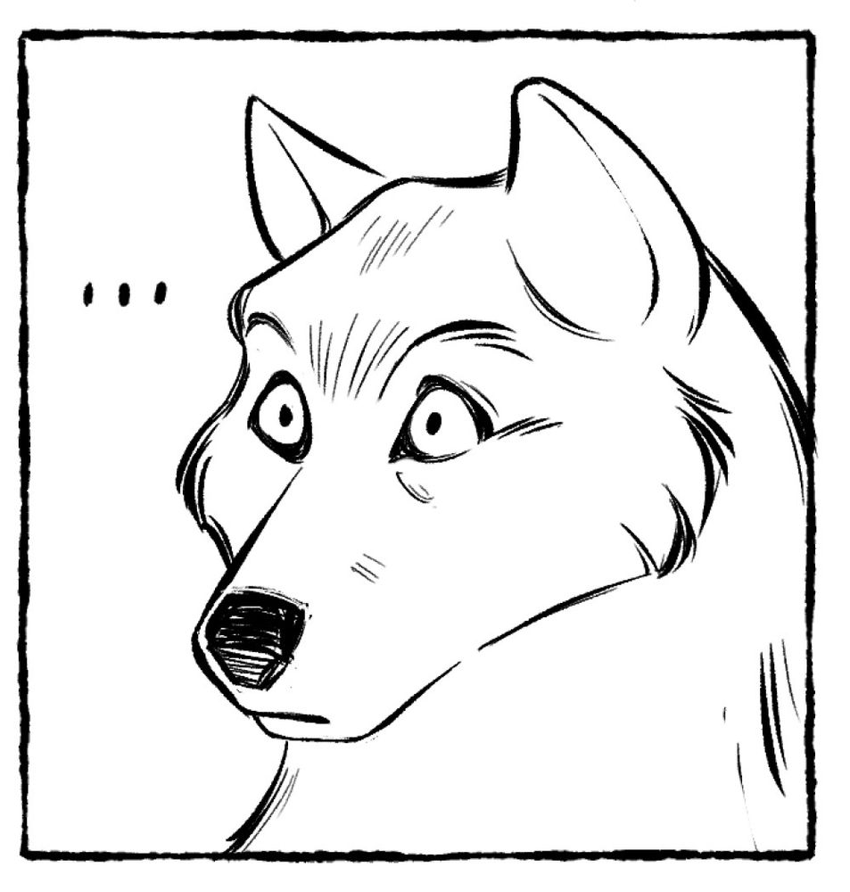 A black and white panel of a wolf looking.... concerned 
