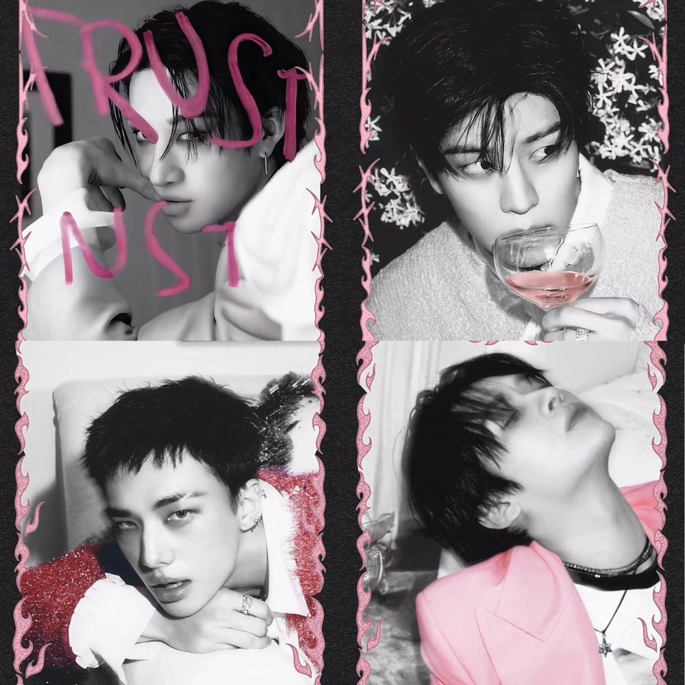 It is a close up pic of each of them. They are all b&w pics, with pink accents. Bang Chan is seen through a mirror. There are pink letters on the mirror. He has one thumb at his lips and is looking at the cam through the mirror. Seungmin is having a drink and the liquid in the fancy glass is pink. He is holding the glass to his lips. Hyunjin is laying with his head resting on top of his hand. He is wearing a pink glitzy jacket and has his lips parted. Lee Know is sitting with his head thrown back and his eyes closed. His satin jacket is pink.