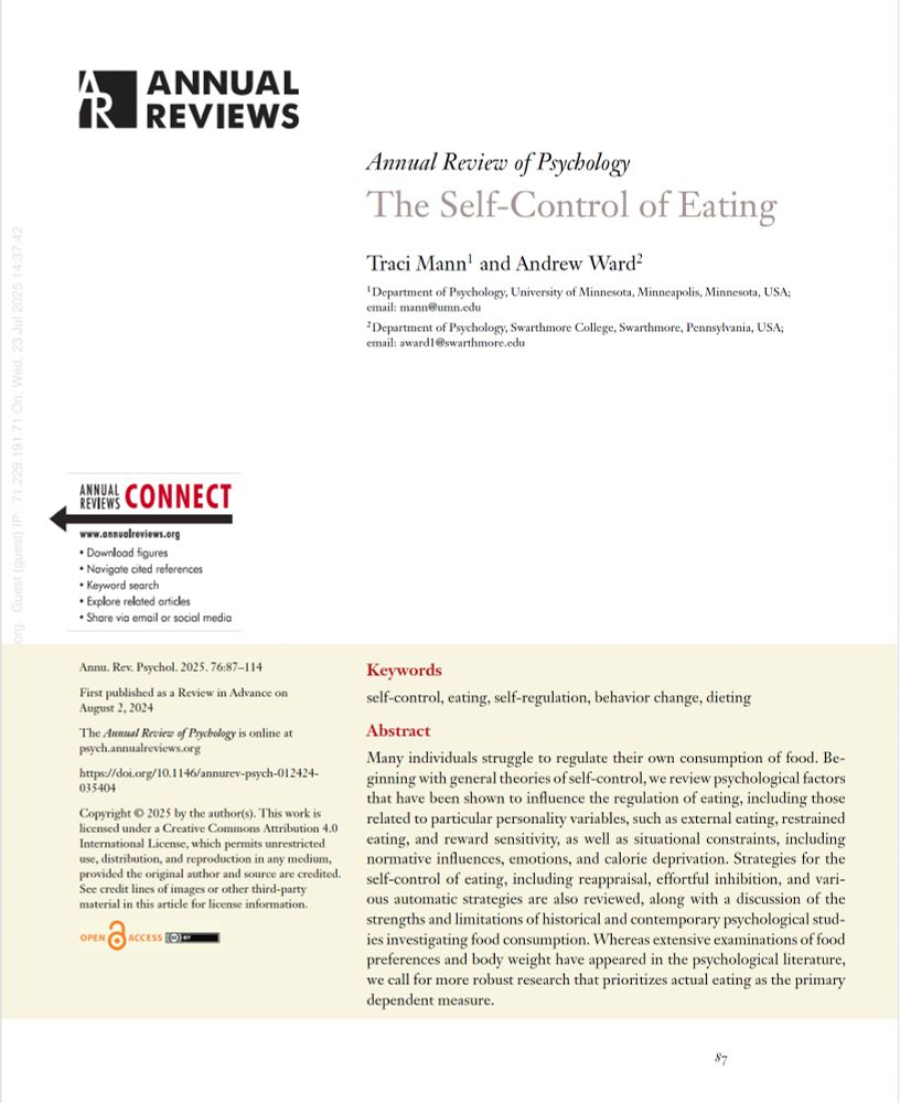 The opening page of the Annual Review of Psychology article by Traci Mann and Andrew Ward (2025), entitled The Self-Control of Eating.

https://tinyurl.com/bdnebw79 (open access)