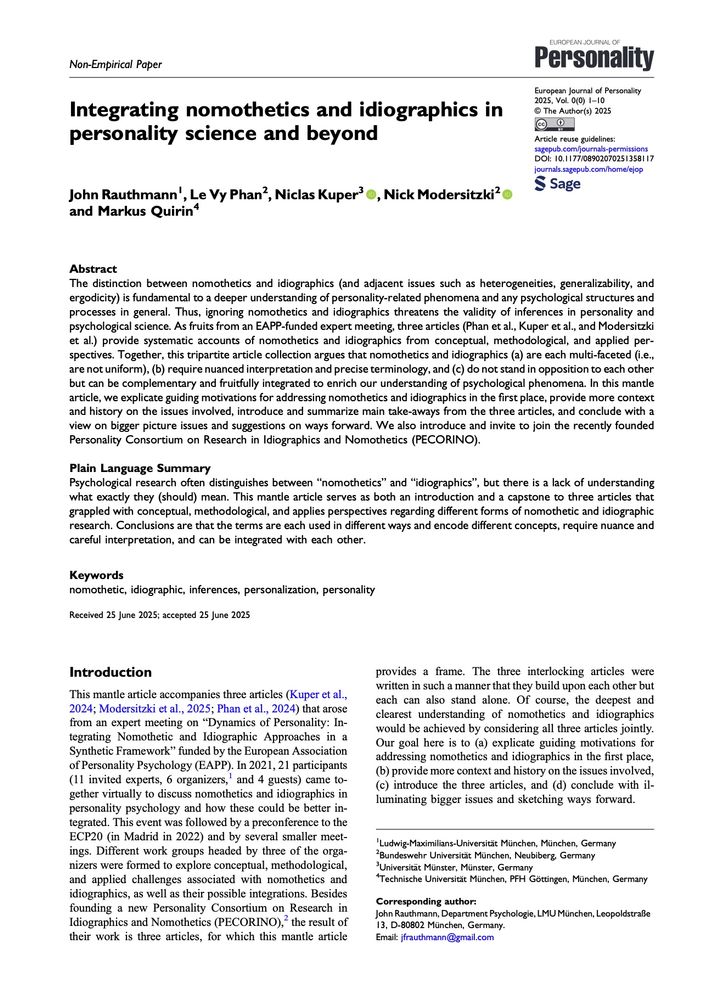 The title/abstract page of the European Journal of Personality article by Rauthmann, Phan, Kuper, Modersitzki, & Quirin (2025), entitled "Integrating nomothetic and idiographic in personality science and beyond."