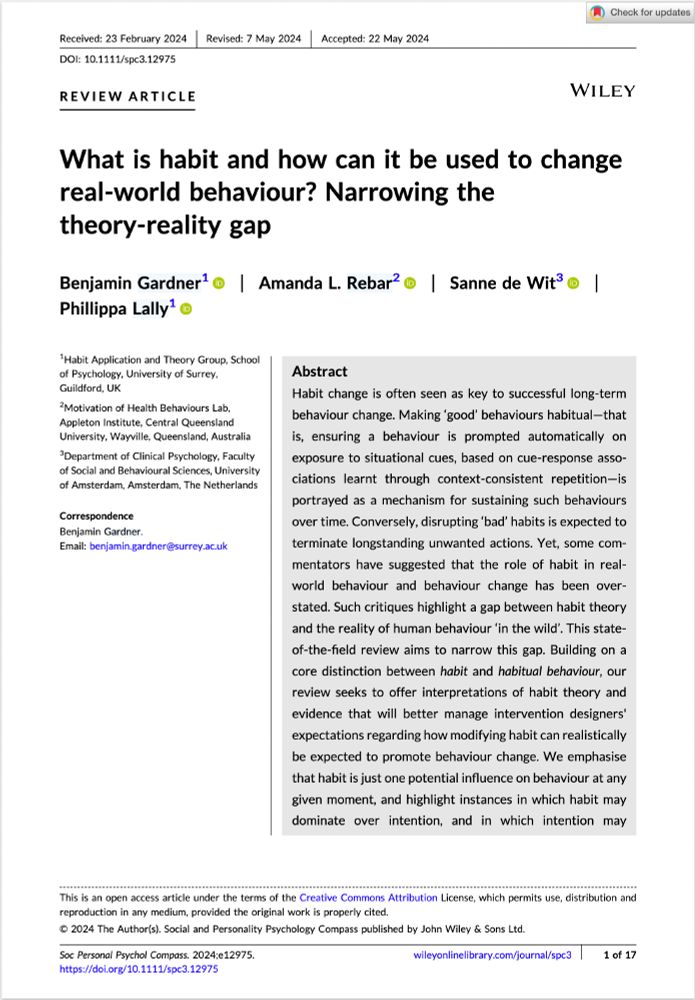 The title page of the Gardner, Rebar, de Wit, & Lally (2024) Social and Personality Psychology Compass article, titled "What is habit and how can it be used to change real-word behavior? Narrowing the theory-reality gap."

https://doi.org/10.1111/spc3.12975