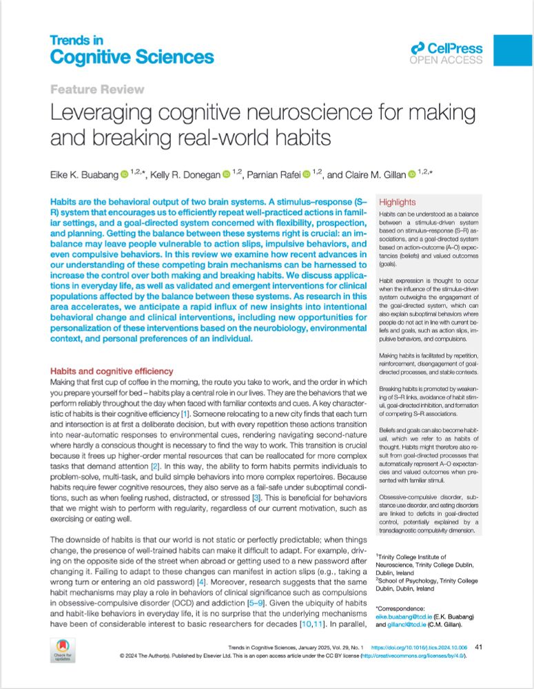 The title page of Buabang, Donegan, Rafei, & Gillan (2025) Trends in Cognitive Sciences article, "Leveraging cognitive neuroscience for making and breaking real-world habits"

DOI: 10.1016/j.tics.2024.10.00