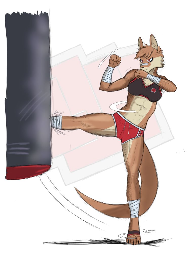 An illustration of Franziska, an anthropomorphic kangaroo kicking a big punching bag in her training attire: red shorts woth white stripes, black sports bra with red stripes, and bandages on her arms and legs. The same logo on her bra is in the back to make an scenario.