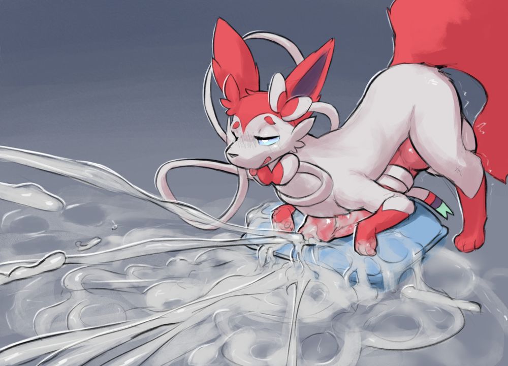 A sylveon with a huge cock grinding and humping into a pillow and spraying a couple gallons of cum all over the floor and into the air.