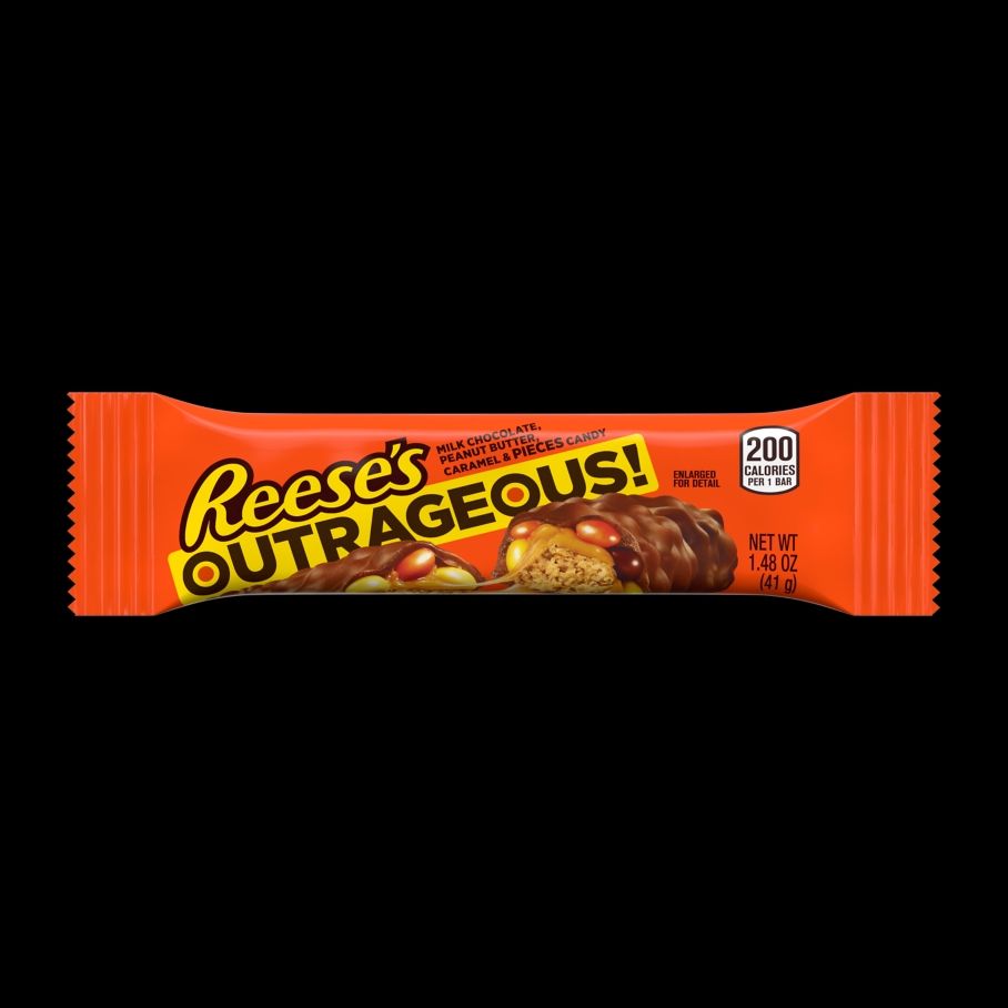A photo of a Reese's Outrageous candy bar. The wrapper is Reese's trademark orange. The candy is actually fairly pedestrian. 