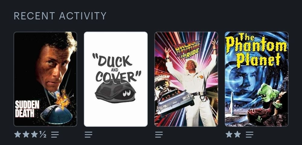 My letterboxd recently watched: sudden death(***½) duck and cover, back to the future: the ride, Phantom planet (**)