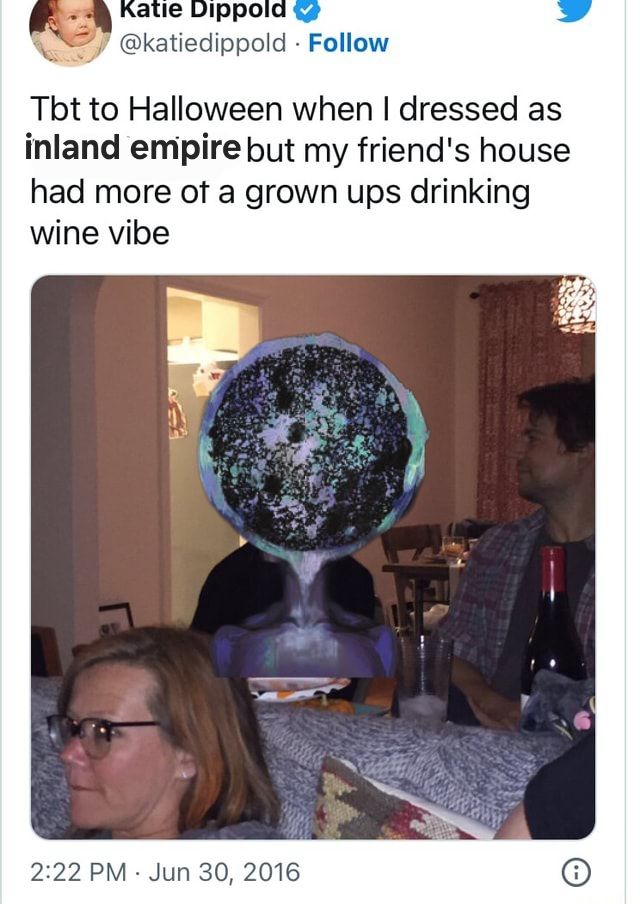 Its the tweet where the person dressed up as the babadook but the party was more of a grown ups drinking wine vibe, over the person dressed as the babadook is the key art for the inland empire skill from disco elysium (a swirling cosmic mass inside the head of a gaunt figure)