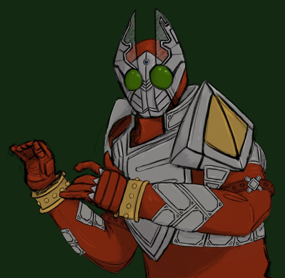 Kamen Rider Garren against a dark green background looking scared 
