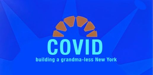 Altered new Cuomo logo with addd ovals on the spikes that says underneath Covid: building a grandma-less New York.