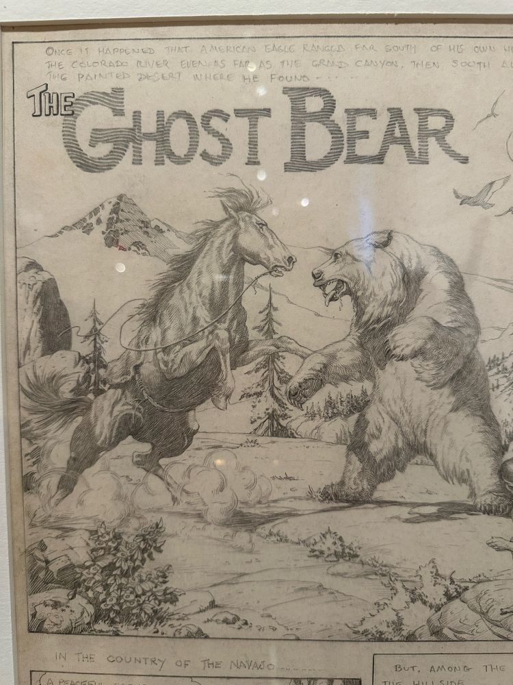 Pencil drawing of the first panel of the story “The Ghost Bear” featuring a horse rearing up against a snarling bear. 