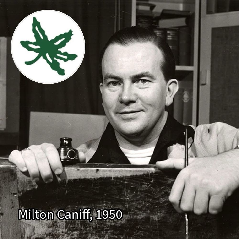 Photo of Milton Caniff with pen and ink. Insert of Buckeye leaf sticker. 