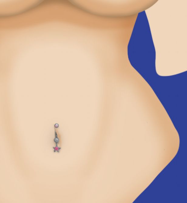 An illustration of pale toned half-complete female torso with a belly button piercing. The piercing has a danging bright pink star.