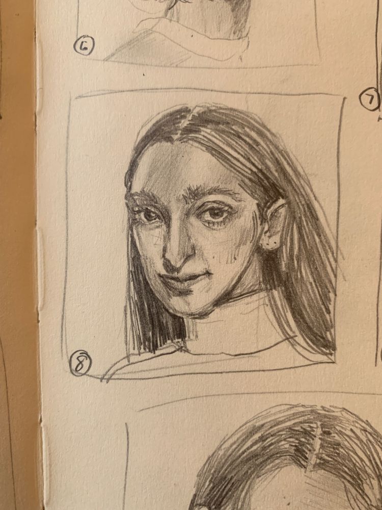 small graphite portrait of a south asian feminine person. they have a relaxed smile on their face and have long, straight, dark hair.