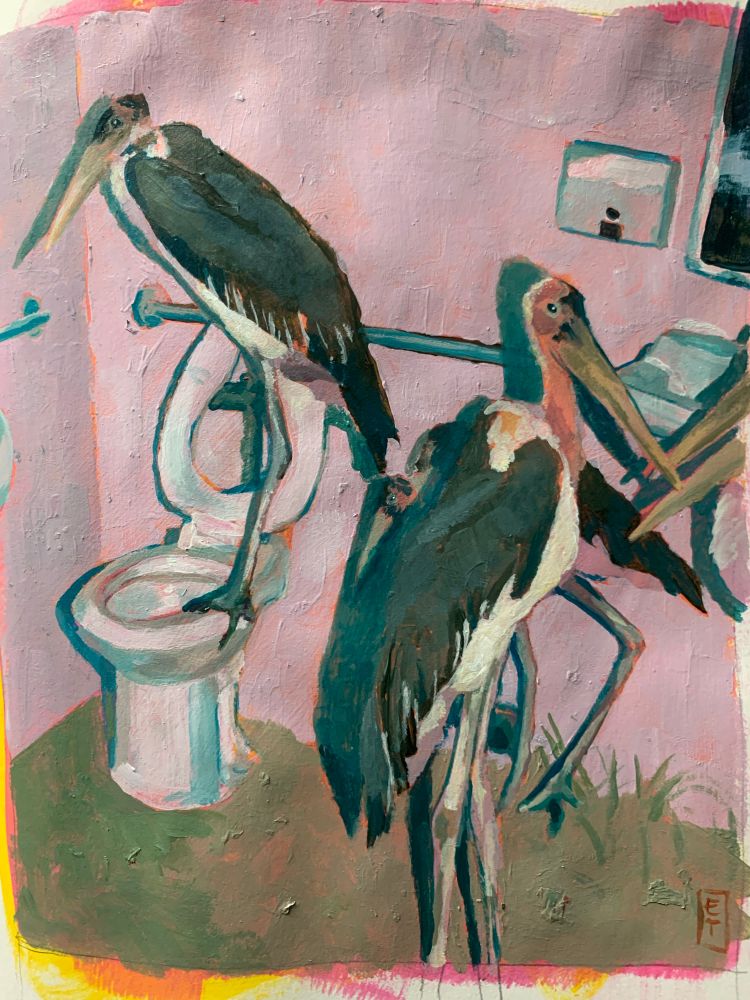 A punchy, bright acrylic sketch of a few storks sheltering in a human restroom. One is perched on the toilet. Reference photo taken with flash, so shadows are painted harshly.