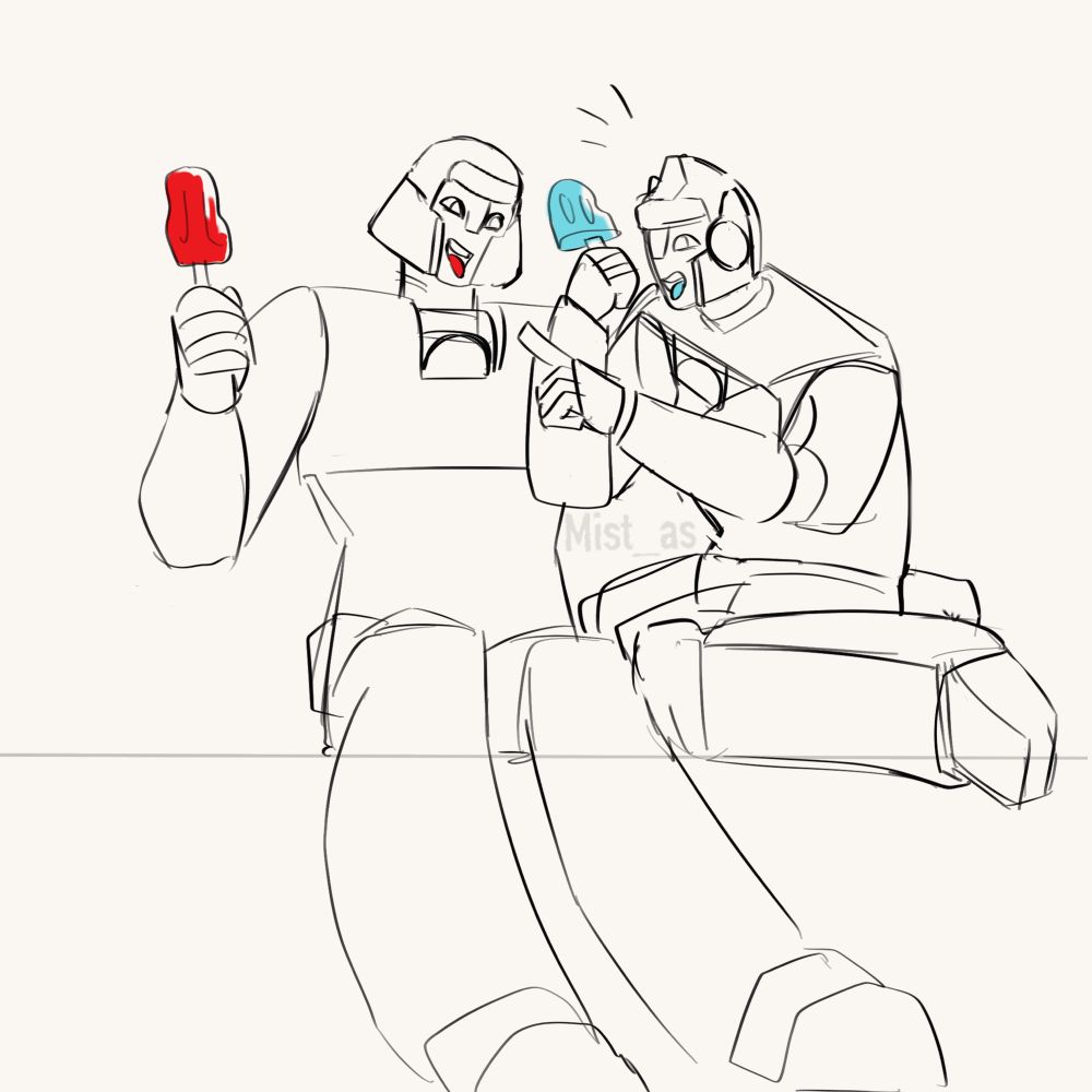 D-16 and Orion with their tongues tinted red and blue by the popsicles