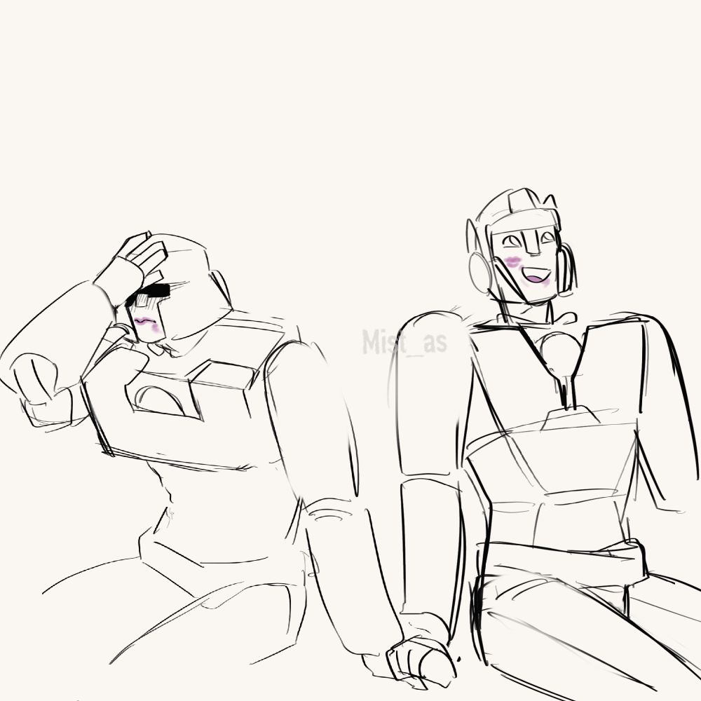 D-16 and Orion holding hands, they have purple smears on their mouths and Orions tongue is purple too