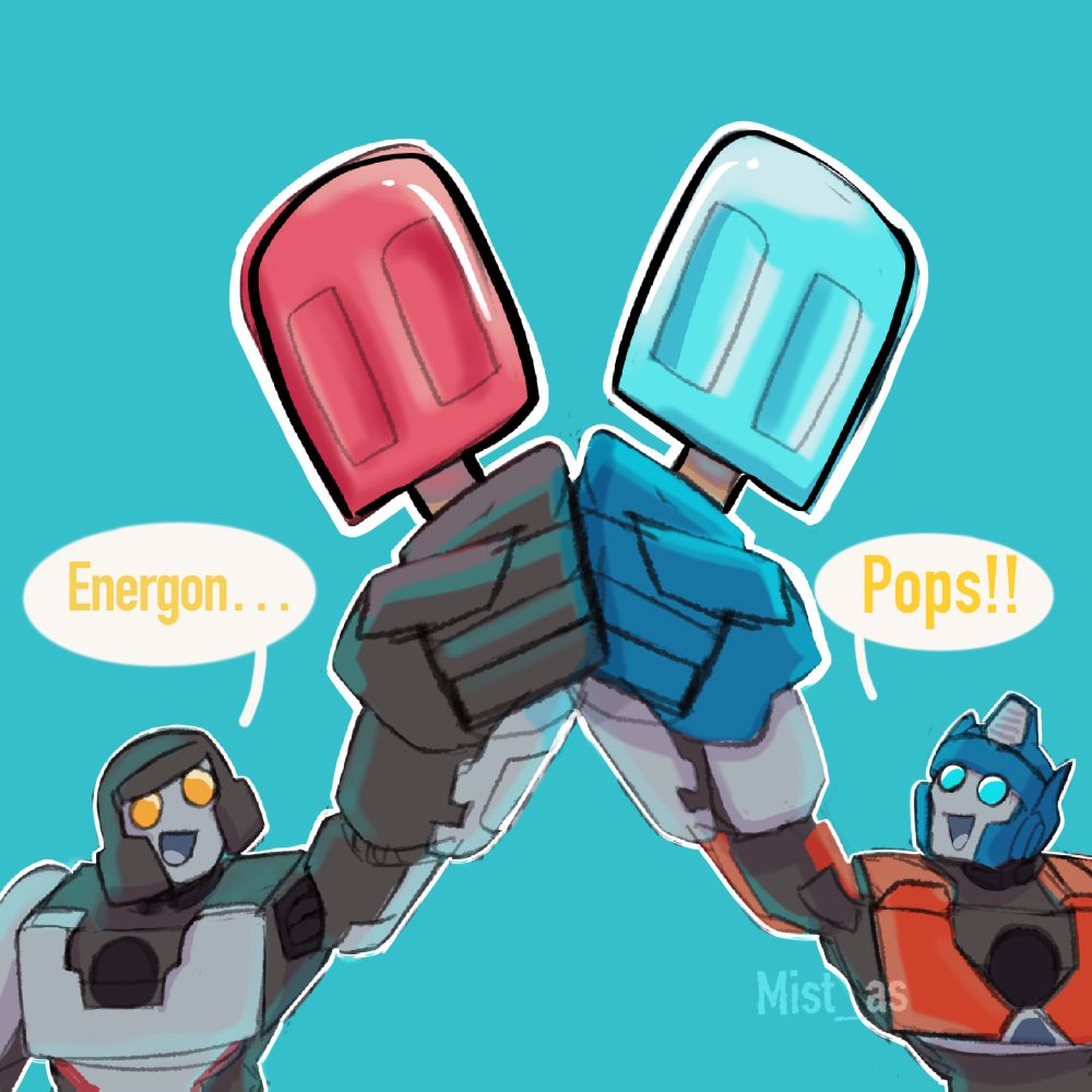 D-16 and Orion Pax holding up a Red popsicle and a Blue popsicle respectively