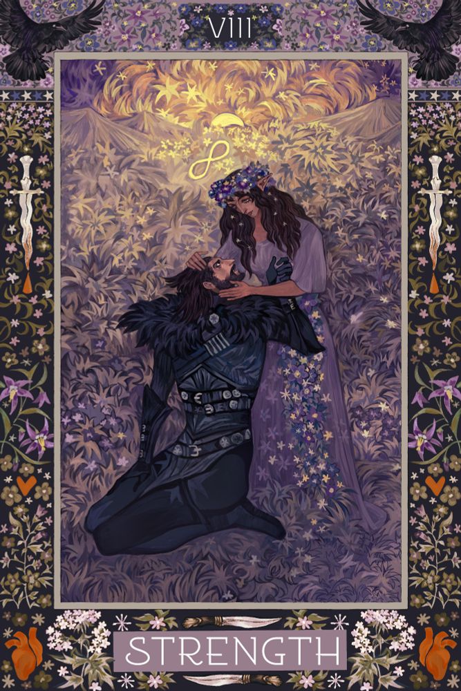 Dragon Age the Veilguard - Fanart Commissions by @milirine

Strength Major Arcana Tarot Card with Lucanis as the "lion" and female elf rook as the maiden surrounded by poisonous flowers, crows, bloody daggers, and hearts around the boarder.