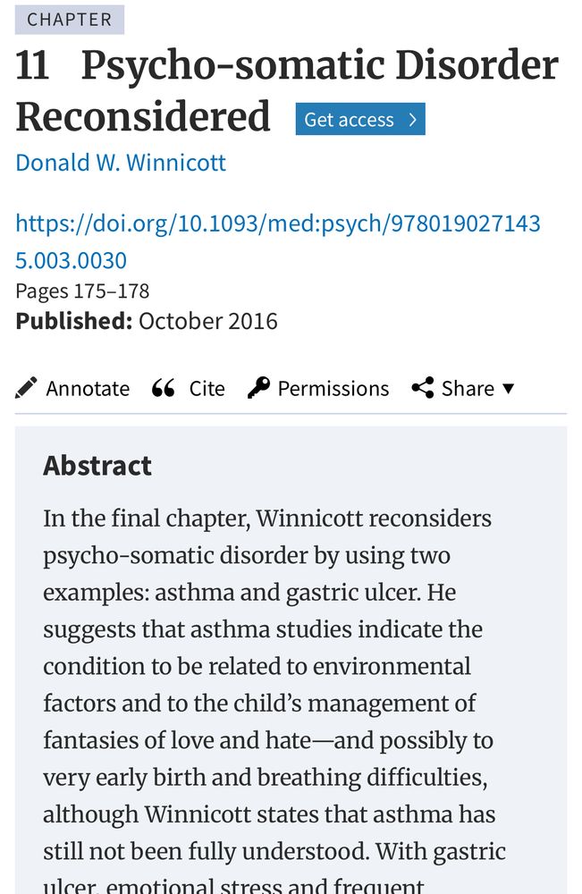 screenshot of the abstract of DW Winnicott’s “Psycho-somatic Disorder Reconsidered” essay, which argues that asthma is related to “the child’s management of fantasies of love and hate”