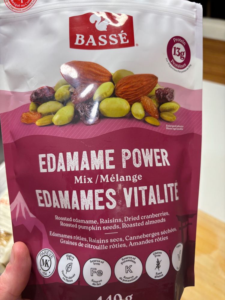 a bag of delicious edamame power, with dried cranberries, raisins, almonds, pumpkin seeds and of course edamame