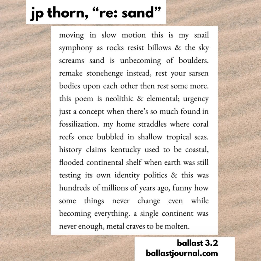 Poem 're: sand' by JP Thorn, set against a sandy background. The poem explores themes of impermanence and change, with the author reflecting on the fleeting nature of things. The text is presented in a clear and readable format, with the title and author's name prominently displayed.