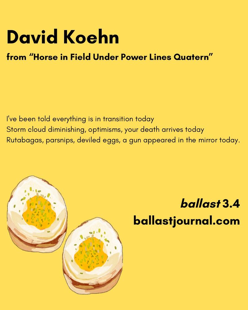 Yellow graphic featuring poet David Koehn with a poem excerpt from “Horse in Field Under Power Lines Quatern.” The poem reads: “I’ve been told everything is in transition today / Storm cloud diminishing, optimisms, your death arrives today / Rutabagas, parsnips, deviled eggs, a gun appeared in the mirror today.” Below the text are illustrations of two deviled eggs. The bottom right corner shows “ballast 3.4” and “ballastjournal.com.”