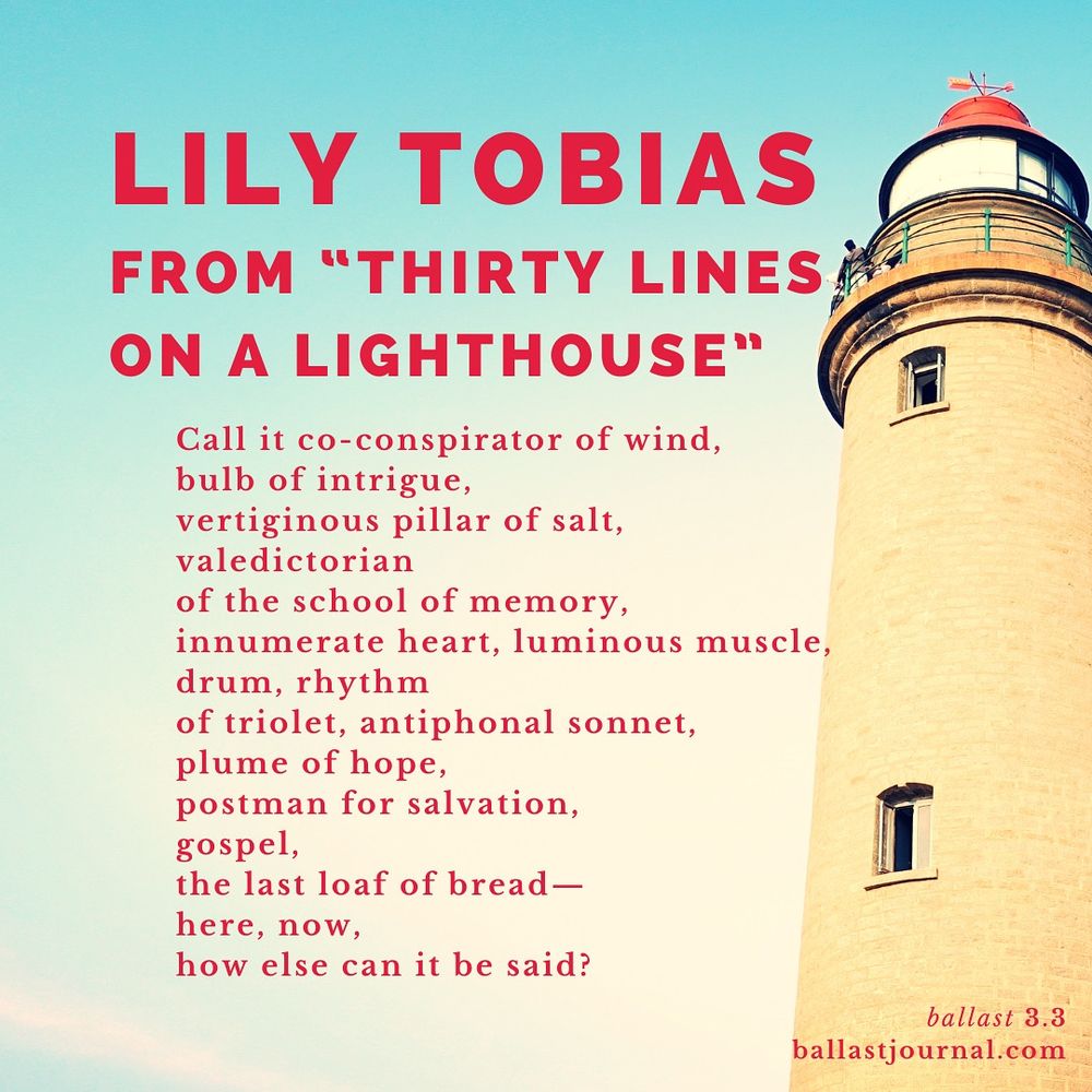 The image is a poster for a poem by Lily Tobias, titled "Thirty Lines on a Lighthouse." The title and author's name are prominently displayed in large red text at the top of the image. Below the title, the poem is written in smaller red text, with each line carefully crafted to evoke a sense of wonder.

"Poem by Lily Tobias, 'Thirty Lines on a Lighthouse,' with a background image of a lighthouse against a blue sky. The poem explores themes of memory, hope, and the human experience."