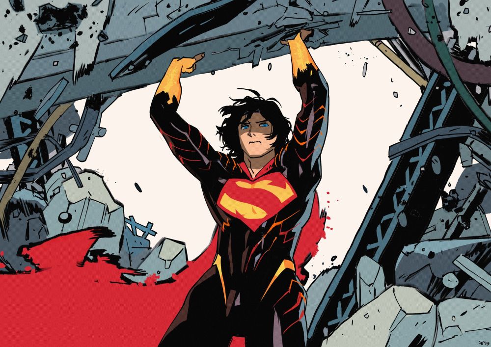 Absolute Superman holding up falling rubble. The silhouette in the background forms the Superman logo.