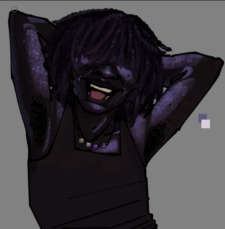 A work in progress half body of Kris from Deltarune. They are facing the camera with an open smile, and have both their hands behind their head. They are drawn with a deep, cool skintone. The light on their skin comes from the top right, and is lavender. They wear a necklace with four beads that represent the nonbinary flag.