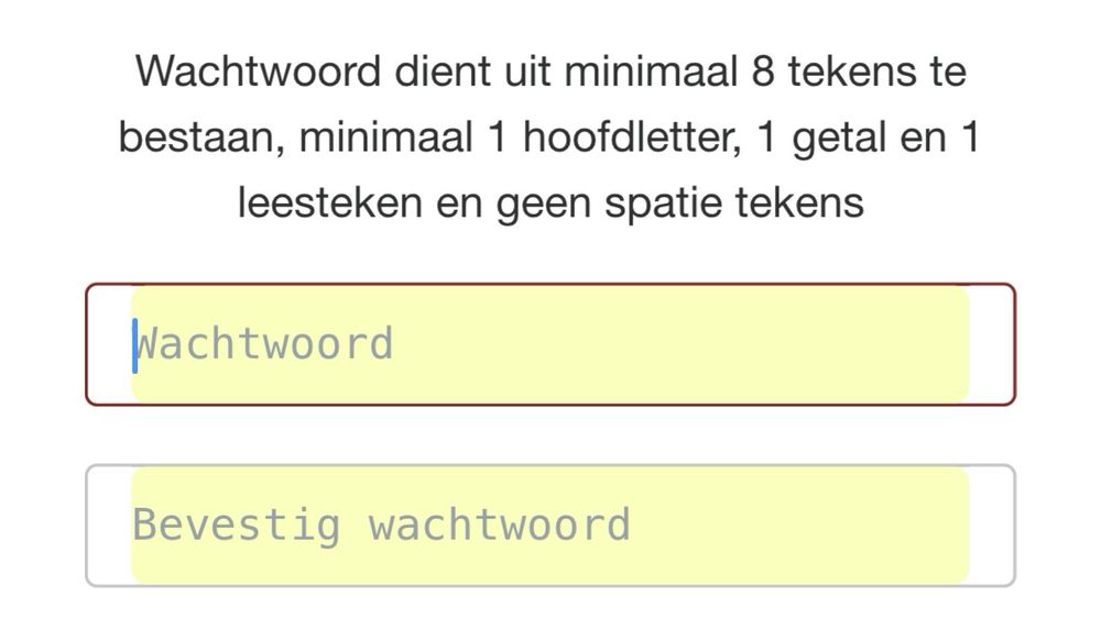 Wachtwoord dient uit minimaal 8 tekens tr bestaan, minimaal 1 hoofdletter, 1 getal en 1 leesteken en geen spatie tekens. 
