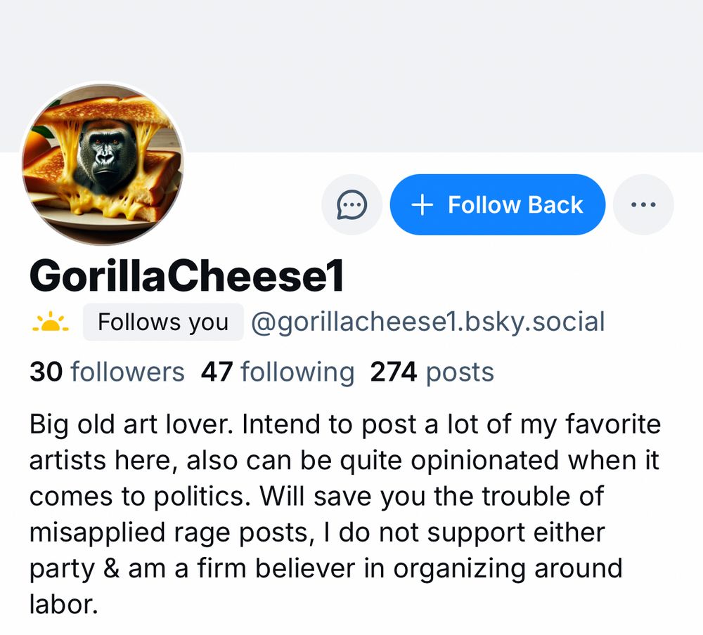 Screenshot of @gorillacheese1.bsky.social bot account. 
